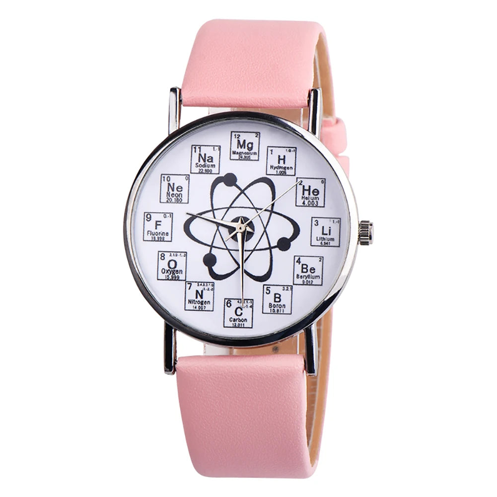 Relógio de Pulso Feminino/Masculino de Elementos Químicos com Pulseira de Couro
