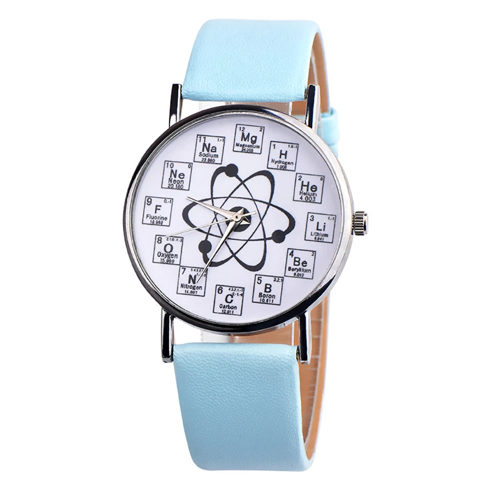 Relógio de Pulso Feminino/Masculino de Elementos Químicos com Pulseira de Couro