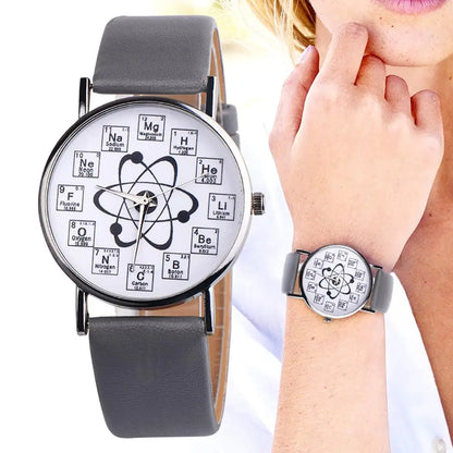 Relógio de Pulso Feminino/Masculino de Elementos Químicos com Pulseira de Couro