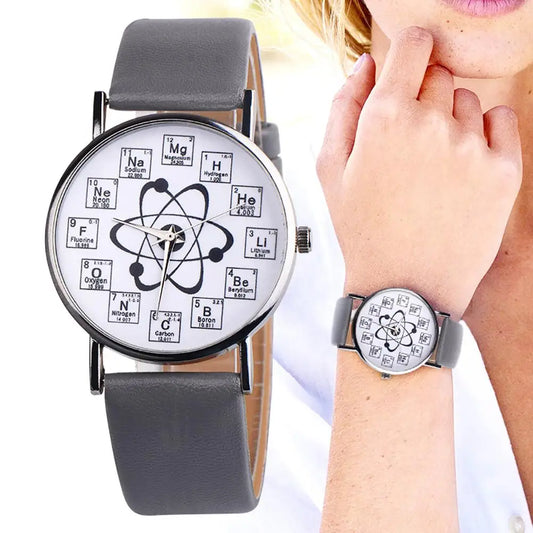 Relógio de Pulso Feminino/Masculino de Elementos Químicos com Pulseira de Couro